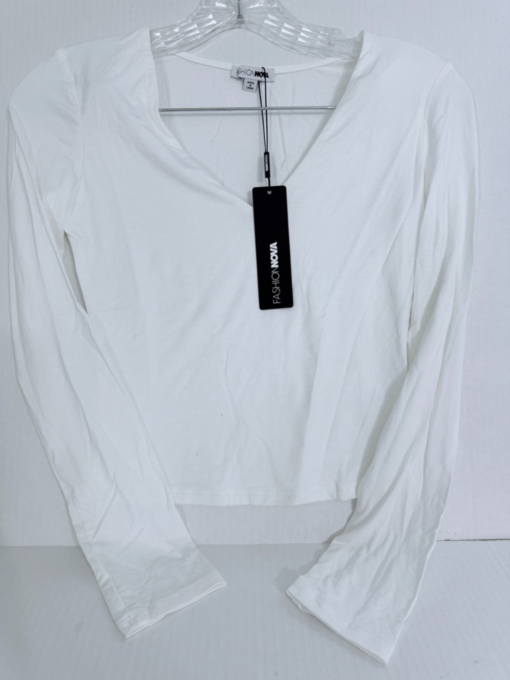 Fashion Nova White Long Sleeve V-Neck Top